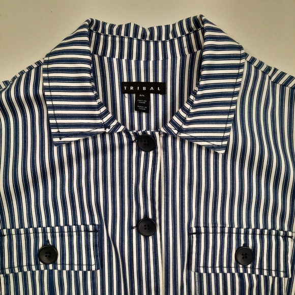 Tribal Utility Jacket Sz L Button Front Roll Tab Sleeve Blue White Stripe - Picture 8 of 11